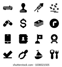 Solid vector icon set - airport bus vector, stamp, firework rocket, christmas sale, pills, dollar, only right road sign, phone, contact book, flag, star medal, check, side cutters, sailboat toy