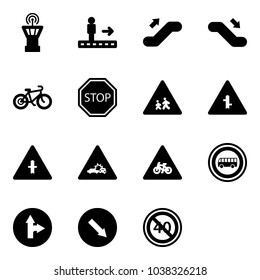 Solid vector icon set - airport tower vector, travolator, escalator up, down, bike, stop road sign, children, intersection, car crash, for moto, no bus, only forward right, detour