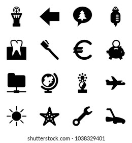 Solid vector icon set - airport tower vector, left arrow, merry christmas message, drop counter, tooth, brush, euro, piggy bank, network folder, globe, award, plane, sun, starfish, wrench