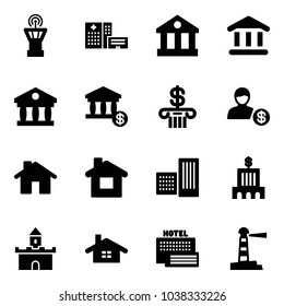 Solid vector icon set - airport tower vector, hospital building, bank, account, home, sand fort, sea hotel, lighthouse