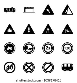 Solid vector icon set - airport bus vector, barrier, turn left road sign, landslide, tunnel, traffic light, slippery, side wind, no moto, trailer, limited width, speed limit 120, end, stop, parking