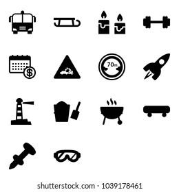 Solid vector icon set - airport bus vector, sleigh, candle, barbell, calendar, car crash road sign, limited distance, rocket, lighthouse, bucket scoop, grill, skateboard, nail dowel