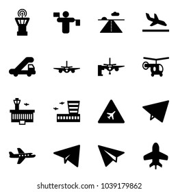 Solid vector icon set - airport tower vector, traffic controller, runway, arrival, trap truck, plane, boarding passengers, helicopter, building, road sign, paper fly, toy