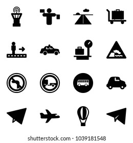 Solid vector icon set - airport tower vector, traffic controller, runway, baggage, travolator, safety car, scales, embankment road sign, no left turn, trailer, bus, paper fly, plane, air balloon