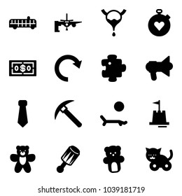 Solid vector icon set - airport bus vector, boarding passengers, bladder, stopwatch heart, dollar, redo, puzzle, megaphone, tie, rock axe, lounger, sand castle, bear toy, beanbag, cat