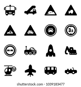 Solid vector icon set - airport bus vector, trap truck, climb road sign, tractor way, car crash, for moto, no, limited height, overtake, moon rover, rocket, excavator toy, helicopter, plane
