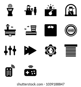 Solid vector icon set - airport tower vector, passport control, terrorism, officer window, building, floor scales, customs road sign, settings, fast forward, gear globe, jalousie, remote