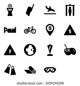 Solid vector icon set - airport tower vector, suitcase, arrival, metal detector gate, hotel, bike, dollar pin, intersection road sign, globe, pennant, coconut cocktail, flippers, mat