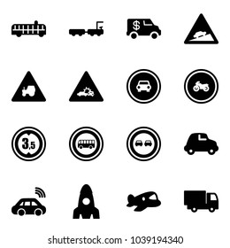 Solid vector icon set - airport bus vector, baggage truck, encashment car, climb road sign, tractor way, crash, no, moto, limited height, overtake, wireless, rocket, plane toy