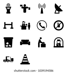 Solid vector icon set - airport tower vector, traffic controller, antenna, satellite, vip zone, passport control, phone, no mobile sign, trash, waiting area, baby room, officer window, fork loader