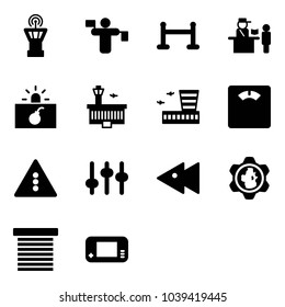 Solid vector icon set - airport tower vector, traffic controller, vip zone, passport control, terrorism, building, floor scales, light road sign, settings, fast backward, gear globe, jalousie
