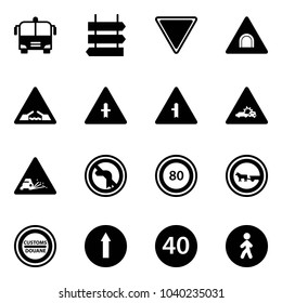 Solid vector icon set - airport bus vector, sign post, giving way road, tunnel, drawbridge, intersection, car crash, gravel, no left turn, speed limit 80, cart horse, customs, only forward, minimal