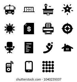 Solid vector icon set - airport bus vector, automatic doors, building, christmas star, sun, account statement, printer, target, office chair, document, flying man, home, music player, mobile phone