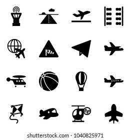 Solid vector icon set - airport tower vector, runway, departure, plane seats, globe, side wind road sign, paper fly, helicopter, ball, air balloon, kite, toy