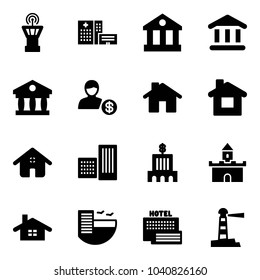 Solid vector icon set - airport tower vector, hospital building, bank, account, home, sand fort, hotel, sea, lighthouse