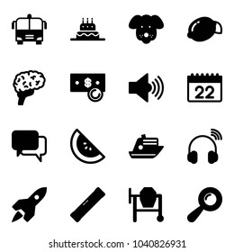 Solid vector icon set - airport bus vector, cake, dog, lemon, brain, cash, volume max, calendar, dialog, watermelone, cruiser, wireless headphones, rocket, level, cocncrete mixer, beanbag