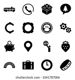 Solid vector icon set - airport bus vector, phone, gift, merry christmas message, cent, currency, limited distance road sign, gears, piggy bank, map pin, world, strawberry, rainbow, suitcase, clock