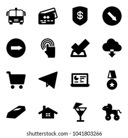 Solid vector icon set - airport bus vector, credit card, safe, detour road sign, only right, hand cursor, check, download cloud, cart, paper fly, statistics monitor, star medal, gold, home, drink