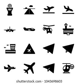 Solid vector icon set - airport tower vector, runway, departure, arrival, plane, small, helicopter, building, road sign, paper fly, toy