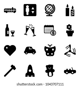 Solid vector icon set - airport bus vector, elevator, globe, candle, wine, glasses, calendar, flower pot, heart, car, butterfly, wind mill, sledgehammer, rocket, bear toy