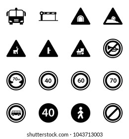 Solid vector icon set - airport bus vector, barrier, tunnel road sign, steep roadside, wild animals, intersection, railway, no horn, limited distance, speed limit 40, 60, 70, minimal, pedestrian way