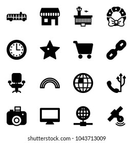 Solid vector icon set - airport bus vector, duty free, building, christmas wreath, time, star, cart, link, office chair, rainbow, globe, phone, camera, monitor, satellite