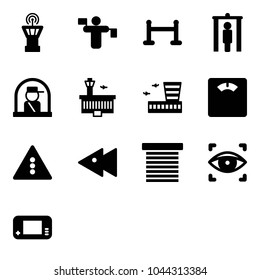 Solid vector icon set - airport tower vector, traffic controller, vip zone, metal detector gate, officer window, building, floor scales, light road sign, fast backward, jalousie, eye scanner