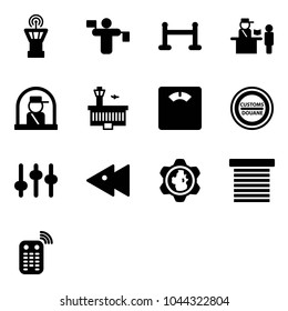 Solid vector icon set - airport tower vector, traffic controller, vip zone, passport control, officer window, building, floor scales, customs road sign, settings, fast backward, gear globe, jalousie