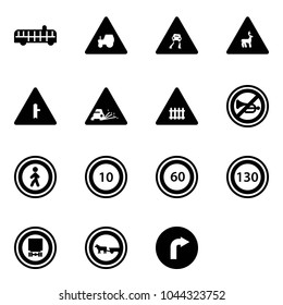 Solid vector icon set - airport bus vector, tractor way road sign, slippery, wild animals, intersection, gravel, railway, no horn, pedestrian, speed limit 10, 60, 130, dangerous cargo, cart horse
