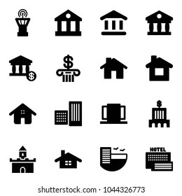 Solid vector icon set - airport tower vector, bank, account, home, building, doors, sand fort, hotel, sea