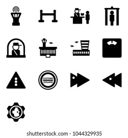 Solid vector icon set - airport tower vector, vip zone, passport control, metal detector gate, officer window, building, floor scales, traffic light road sign, customs, fast forward, backward