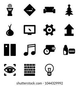 Solid vector icon set - airport tower vector, smoking area sign, vip waiting, christmas tree, onion, monitor cursor, gear, uplooad, pause, music, wallet time, uv cream, eye scanner, binary code