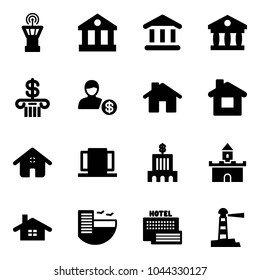 Solid vector icon set - airport tower vector, bank, account, home, doors, building, sand fort, hotel, sea, lighthouse