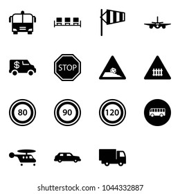 Solid vector icon set - airport bus vector, waiting area, side wind, plane, encashment car, stop road sign, steep roadside, railway intersection, speed limit 80, 90, 120, helicopter, limousine