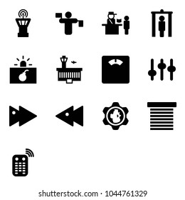 Solid vector icon set - airport tower vector, traffic controller, passport control, metal detector gate, terrorism, building, floor scales, settings, fast forward, backward, gear globe, jalousie