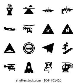 Solid vector icon set - airport tower vector, runway, plane, boarding passengers, small, helicopter, road sign, abrupt turn right, artificial unevenness, no bus, paper fly, career, rocket, kite, toy