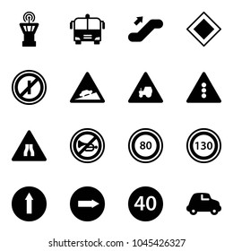 Solid vector icon set - airport tower vector, bus, escalator up, main road sign, no parkin odd, climb, tractor way, traffic light, narrows, horn, speed limit 80, 130, only forward, right, minimal
