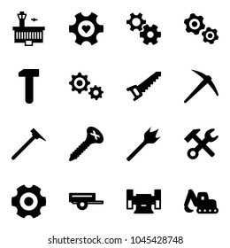 Solid vector icon set - airport building vector, heart gear, gears, work, saw, axe, mason hammer, screw, wood drill, wrench, trailer, sharpening, excavator toy