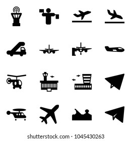 Solid vector icon set - airport tower vector, traffic controller, departure, arrival, trap truck, plane, boarding passengers, small, helicopter, building, paper fly, jointer