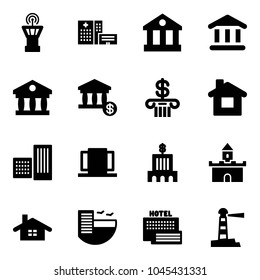 Solid vector icon set - airport tower vector, hospital building, bank, account, home, doors, sand fort, hotel, sea, lighthouse
