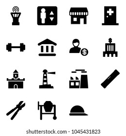 Solid vector icon set - airport tower vector, elevator, duty free, first aid room, barbell, bank, account, building, sand fort, lighthouse, plant, level, bolt cutter, cocncrete mixer