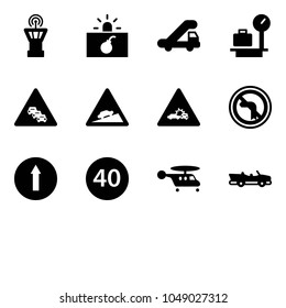 Solid vector icon set - airport tower vector, terrorism, trap truck, baggage scales, multi lane traffic road sign, climb, car crash, no left turn, only forward, minimal speed limit, helicopter