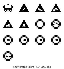 Solid vector icon set - airport bus vector, turn right road sign, multi lane traffic, embankment, railway intersection, narrows, prohibition, limited distance, speed limit 30, 50, 60, 70