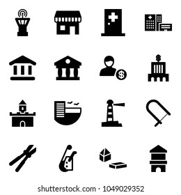 Solid vector icon set - airport tower vector, duty free, first aid room, hospital building, bank, account, sand fort, hotel, lighthouse, fretsaw, bolt cutter, winch, constructor blocks