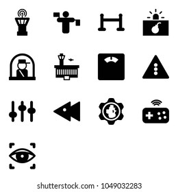 Solid vector icon set - airport tower vector, traffic controller, vip zone, terrorism, officer window, building, floor scales, light road sign, settings, fast backward, gear globe, joystick wireless