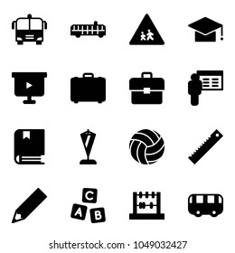 Solid vector icon set - airport bus vector, children road sign, graduate hat, presentation board, case, portfolio, book, pennant, volleyball, ruler, pencil, abc cube, abacus, toy