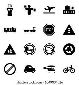 Solid vector icon set - airport tower vector, traffic controller, departure, baggage, bus, truck, stop road sign, light, children, no trailer, limited distance, circle, limit, car, helicopter, bike