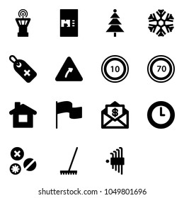 Solid vector icon set - airport tower vector, coffee machine, christmas tree, snowflake, medical label, turn right road sign, speed limit 10, 70, home, flag, mail dollar, clock, rivet, rake