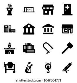 Solid vector icon set - airport tower vector, automatic doors, duty free, first aid room, hospital building, bank, store, sand fort, sea hotel, fretsaw, rubber hammer, cocncrete mixer, winch