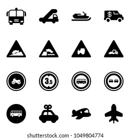 Solid vector icon set - airport bus vector, trap truck, snowmobile, encashment car, climb road sign, embankment, tractor way, crash, no moto, limited height, overtake, toy, plane